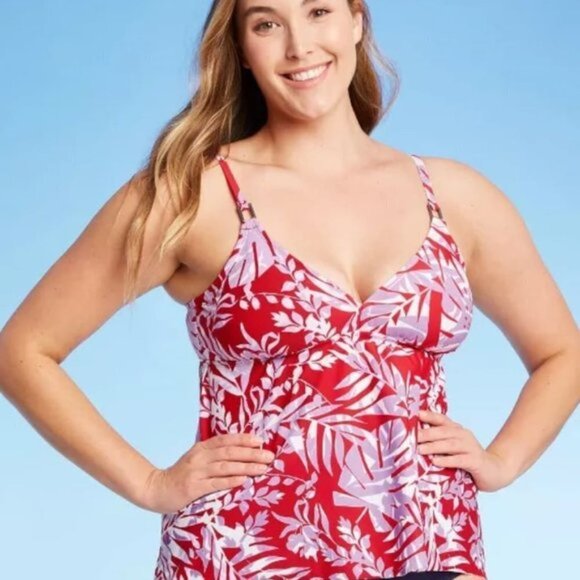 Kona Sol Tankini Tropical Floral Red Beach Ready Summer Swim Top Womens Size M - Picture 1 of 6